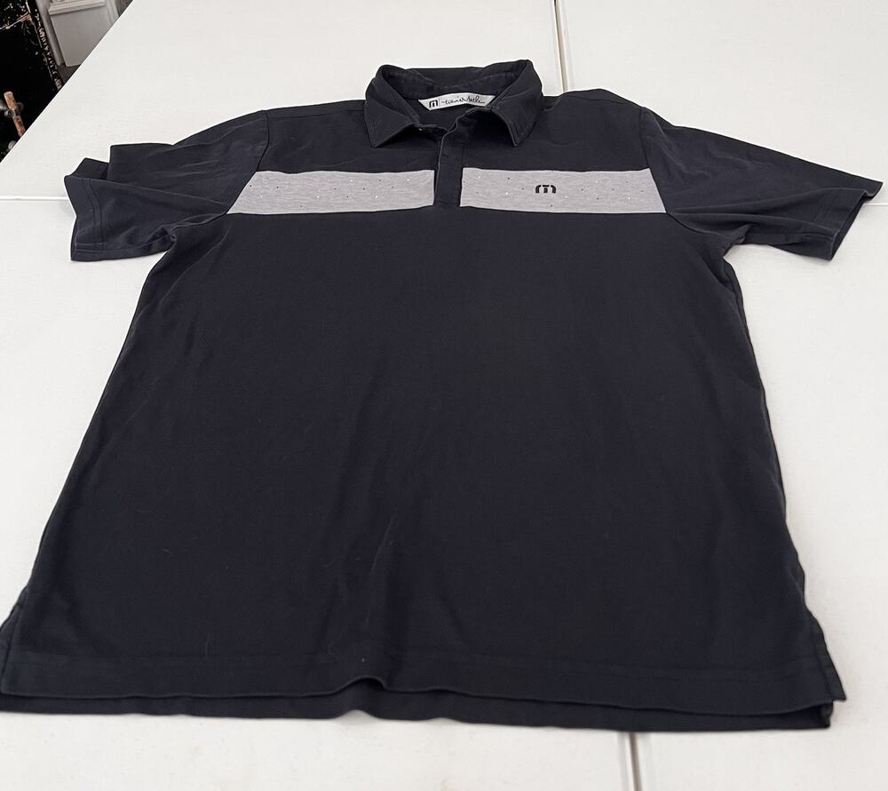 Travis Mathew Polo Shirt Mens Medium Black Gray Golf Performance Short Sleeve
